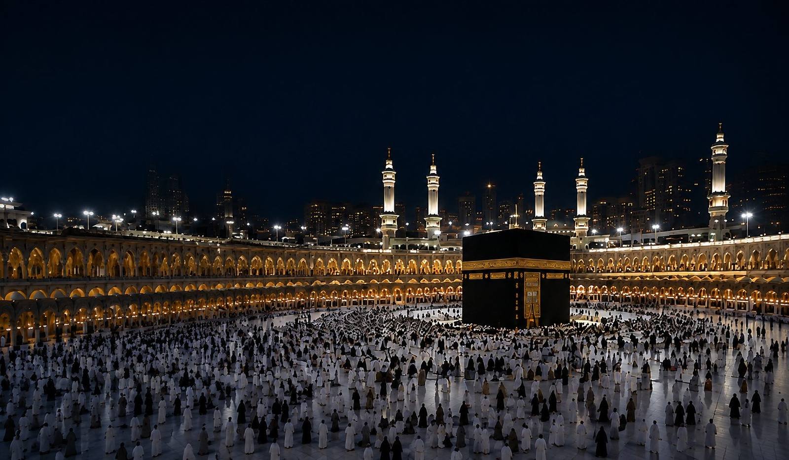 Pilgrims gathered around the illuminated Kaaba at night, Masjid al-Haram, Makkah