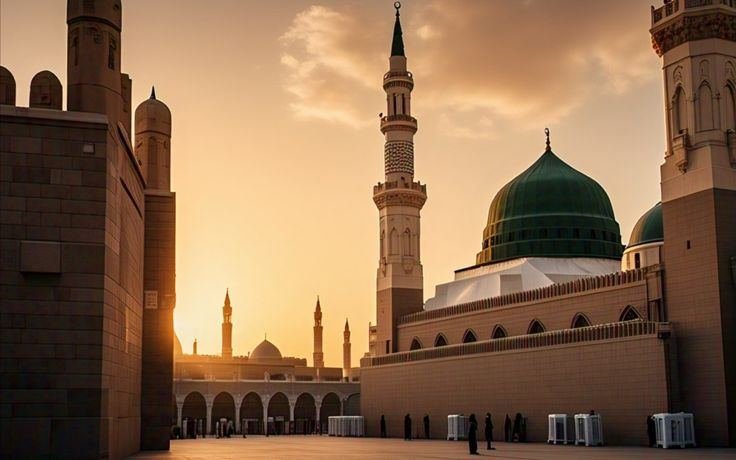 Masjid an-Nabawi green dome at sunset, Madinah